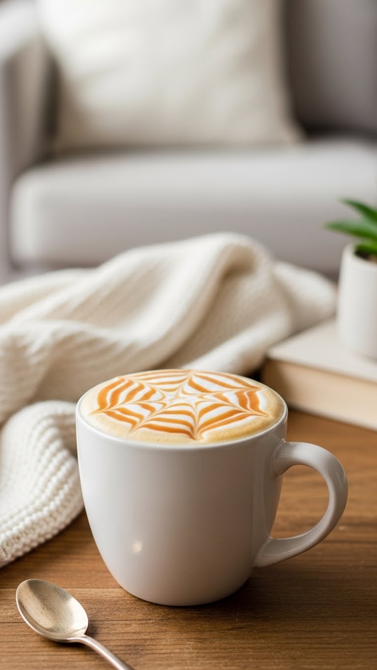 Protein Coffee Caramel: 5 Delicious DIY Recipes to Try 3 Cozy steaming caramel protein latte with creamy foam and drizzle in a ceramic mug on a rustic table.