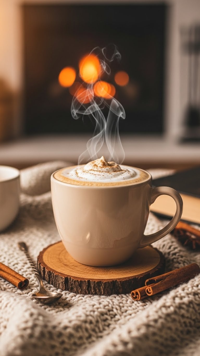 Cozy steaming hot keto latte in ceramic mug with frothy cream foam and cinnamon sprinkle