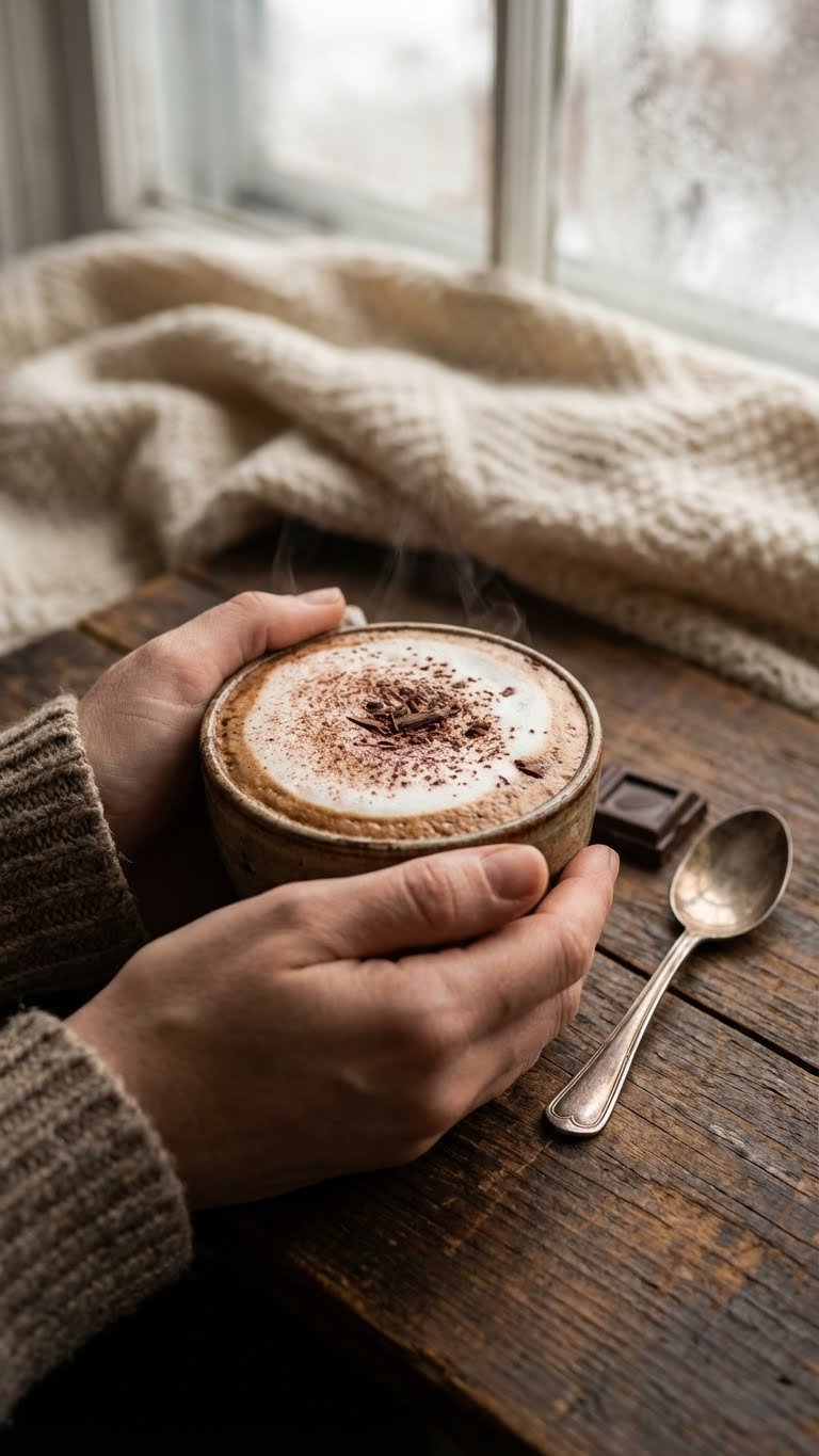 30g Protein Coffee Ultimate Guide Recipes Brands Benefits 3 Cozy steaming hot mocha protein coffee in a mug with foam, dusted cocoa, hands holding it on a rustic wooden table by a window.