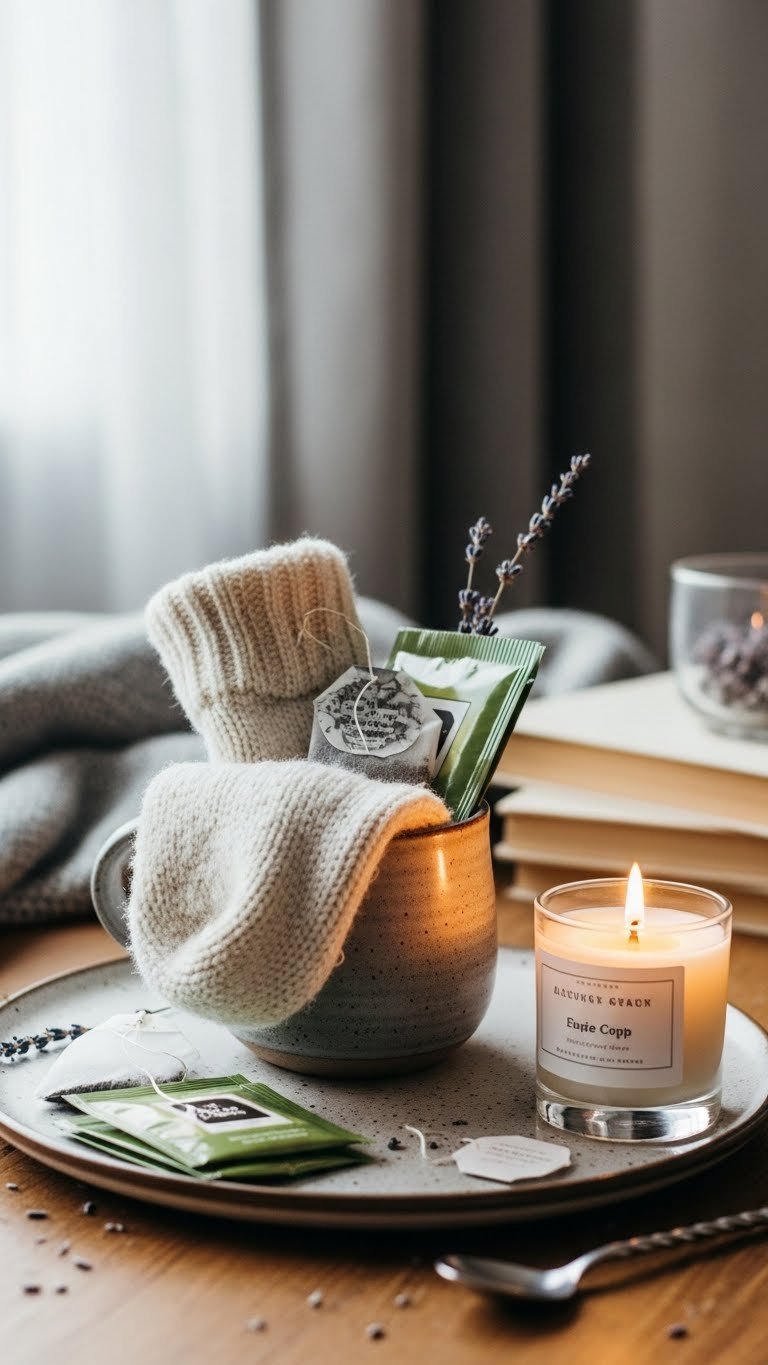 Cozy stoneware coffee mug with chunky knit fuzzy sock, gourmet tea bags, and soy candle arranged on rustic wooden table for relaxation gift
