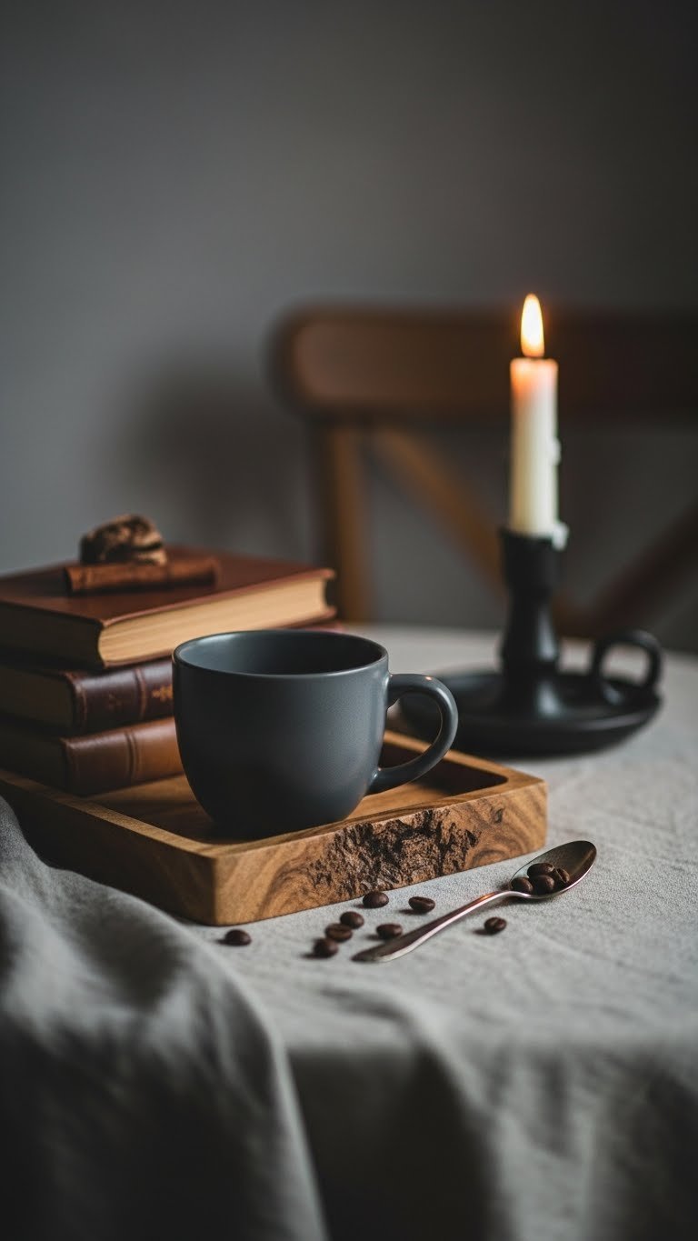 Cozy tabletop vignette with raw-edge wooden tray holding ceramic mug, leather books, and candle in warm lighting