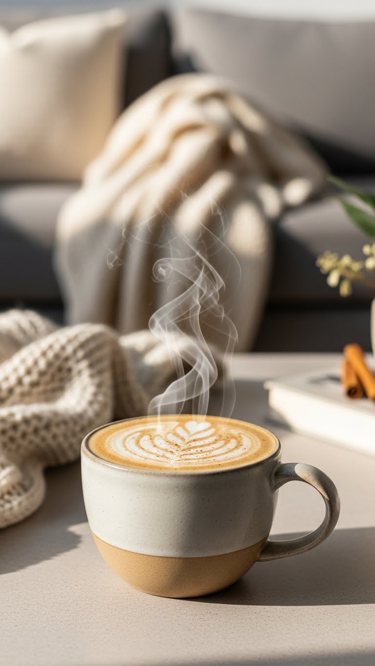 Easy Premier Protein Coffee Recipes: 11 Delicious Drinks 3 Cozy vanilla bean protein latte in a warm ceramic mug with frothed milk and vanilla specks, set on a light stone surface.