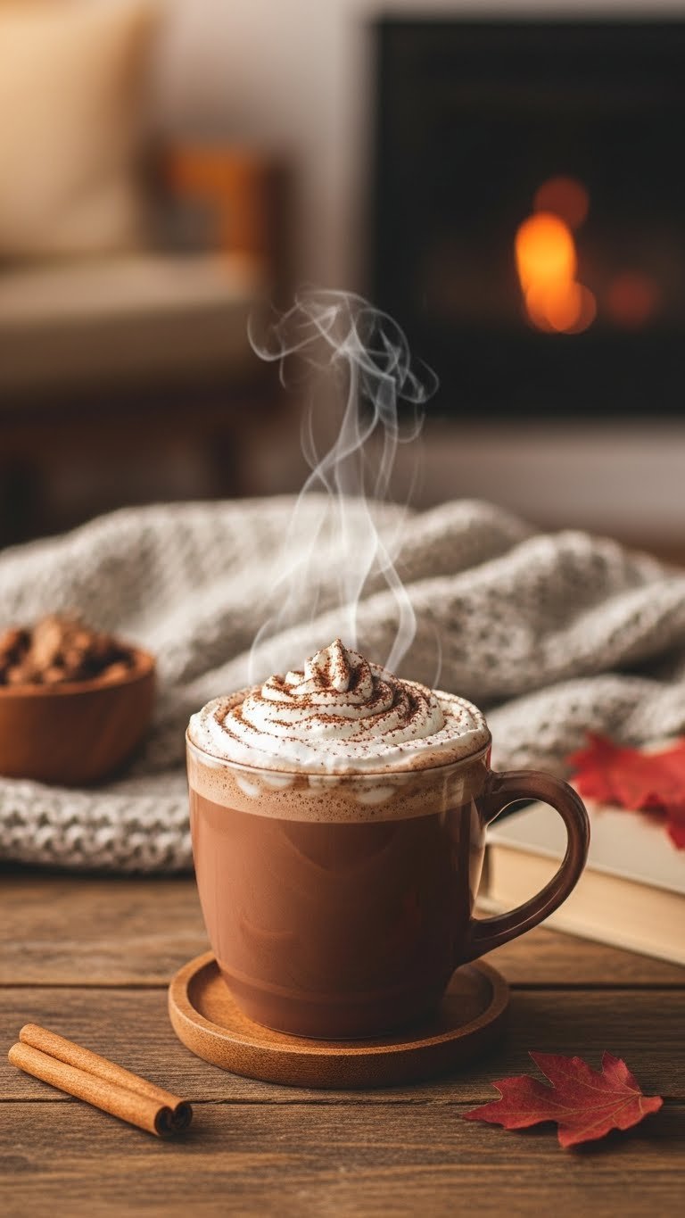 Protein Coffee Mocha: 5 Delicious Recipes for Busy Mornings 3 Cozy warm protein coffee mocha with whipped cream and cocoa, served on a wooden coaster amid a blurred, inviting living room.