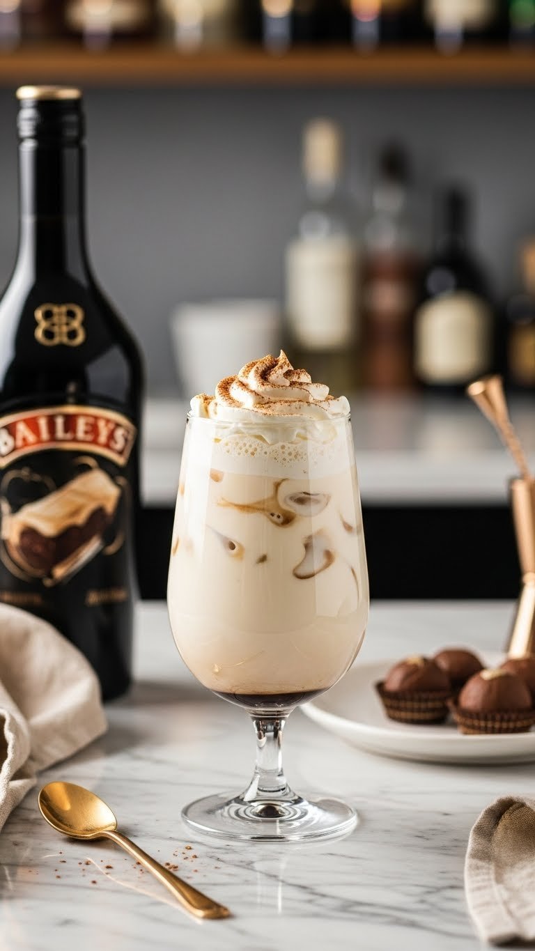 Whipped Coffee Cocktail Recipe With Proven Fluffy Texture 3 Creamy Baileys whipped coffee cocktail in elegant highball glass on polished marble countertop with golden hour lighting