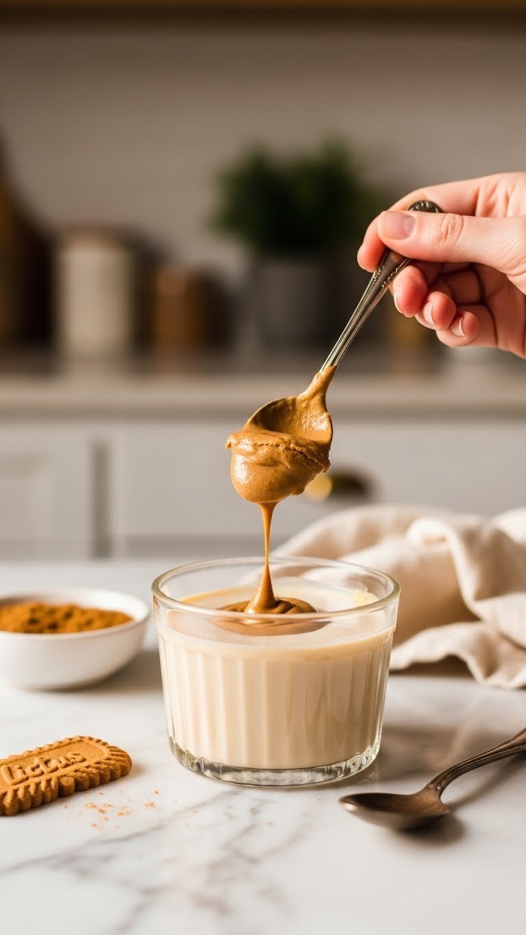 Ultimate Cookie Butter Iced Coffee: Easy Recipe for Perfection 3 Creamy Biscoff cookie butter dissolving in warm milk with cookie and rustic spoon on marble countertop
