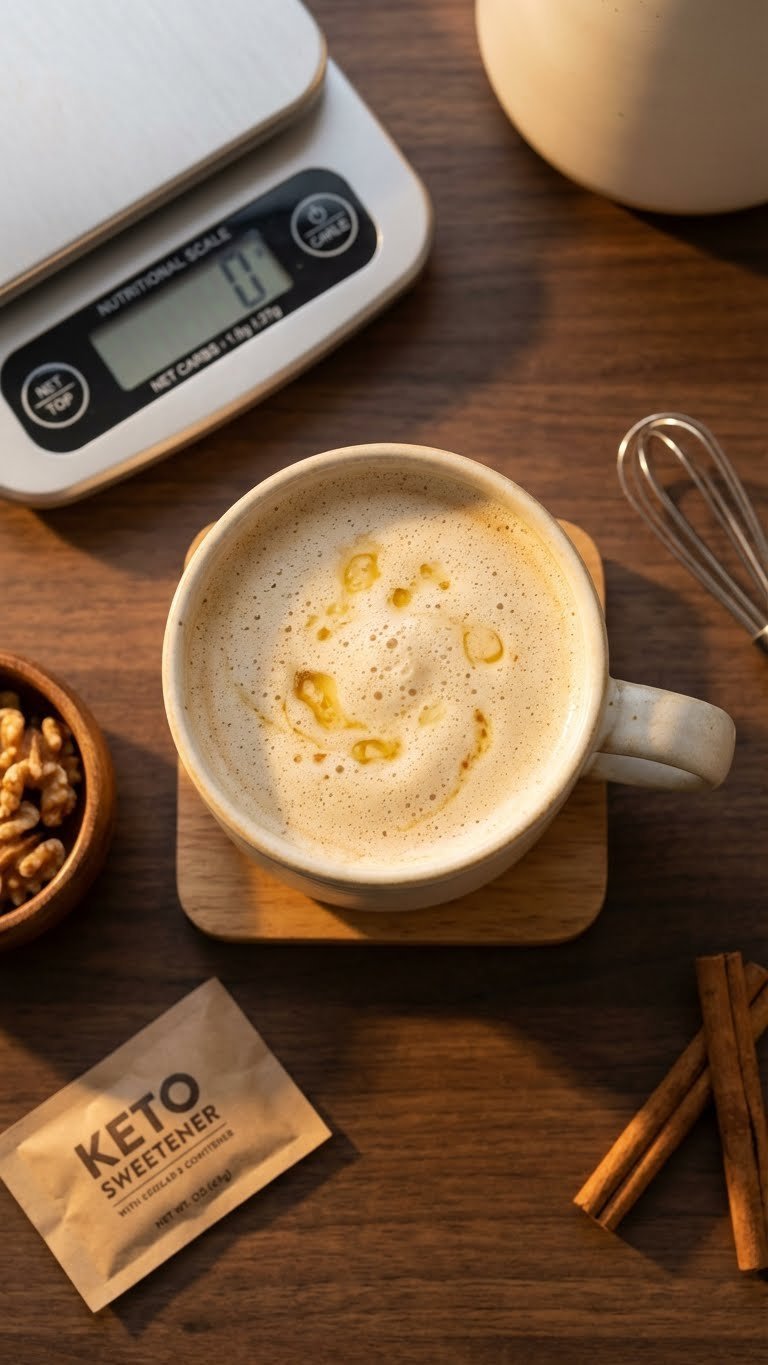 30g Protein Coffee Ultimate Guide Recipes Brands Benefits 7 Creamy Bulletproof keto protein coffee with MCT oil swirls, mug on coaster, 0g net carbs scale. High-fat, zero-carb beverage.