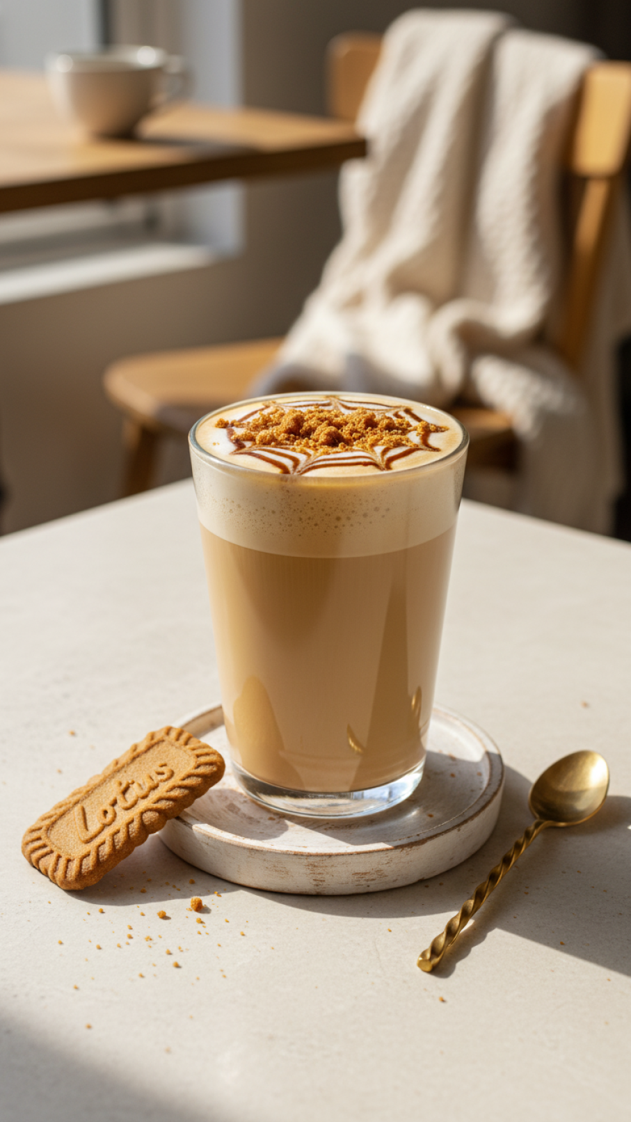 Creamy biscoff latte in glass mug with drizzle of syrup and crushed cookies on top, served on stylish coaster