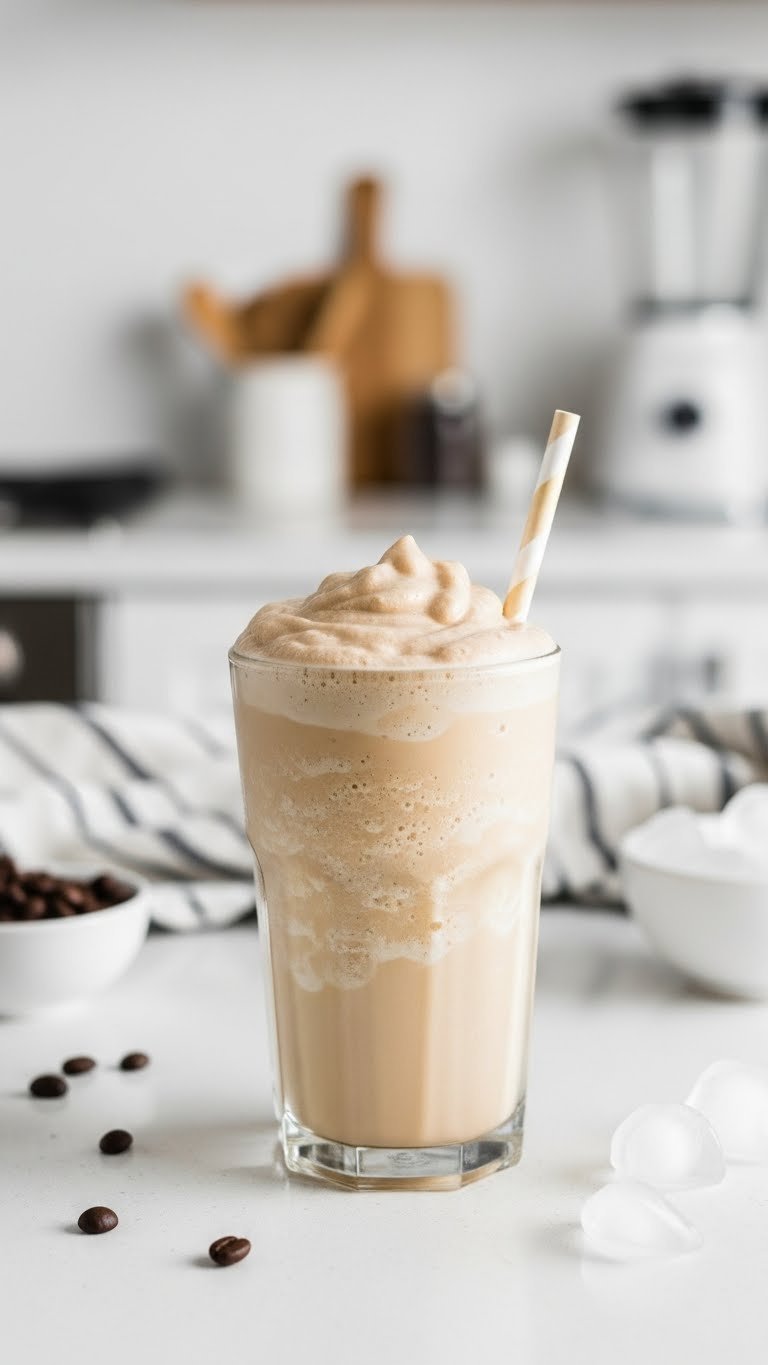 Iced Coffee with Condensed Milk: Ultimate Guide for Beginners 9 Creamy blended frothy iced coffee with condensed milk in clear glass on sleek white countertop with scattered coffee beans.