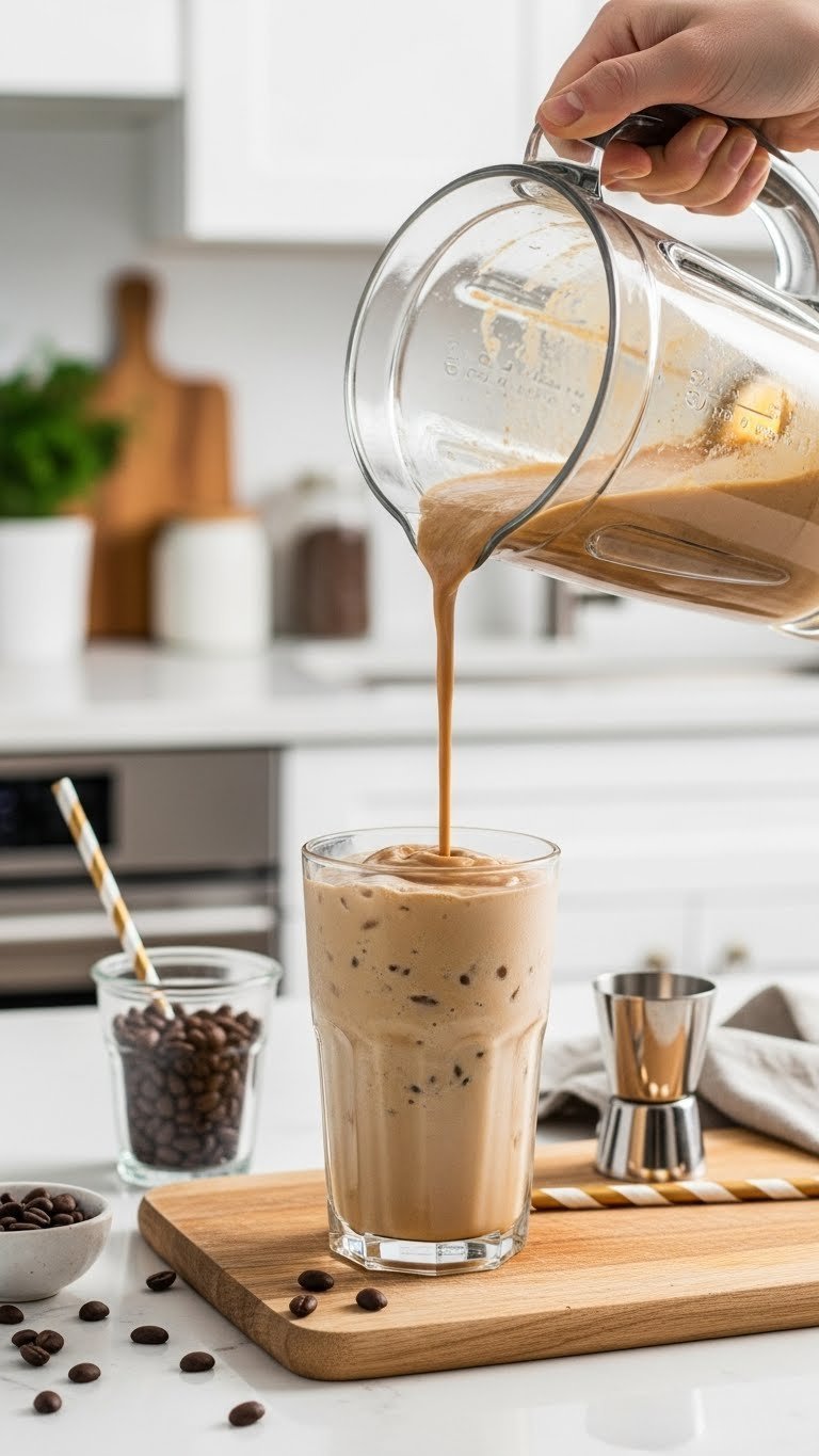 Creamy blended iced espresso poured from blender into tall glass with whipped cream on light wooden cutting board