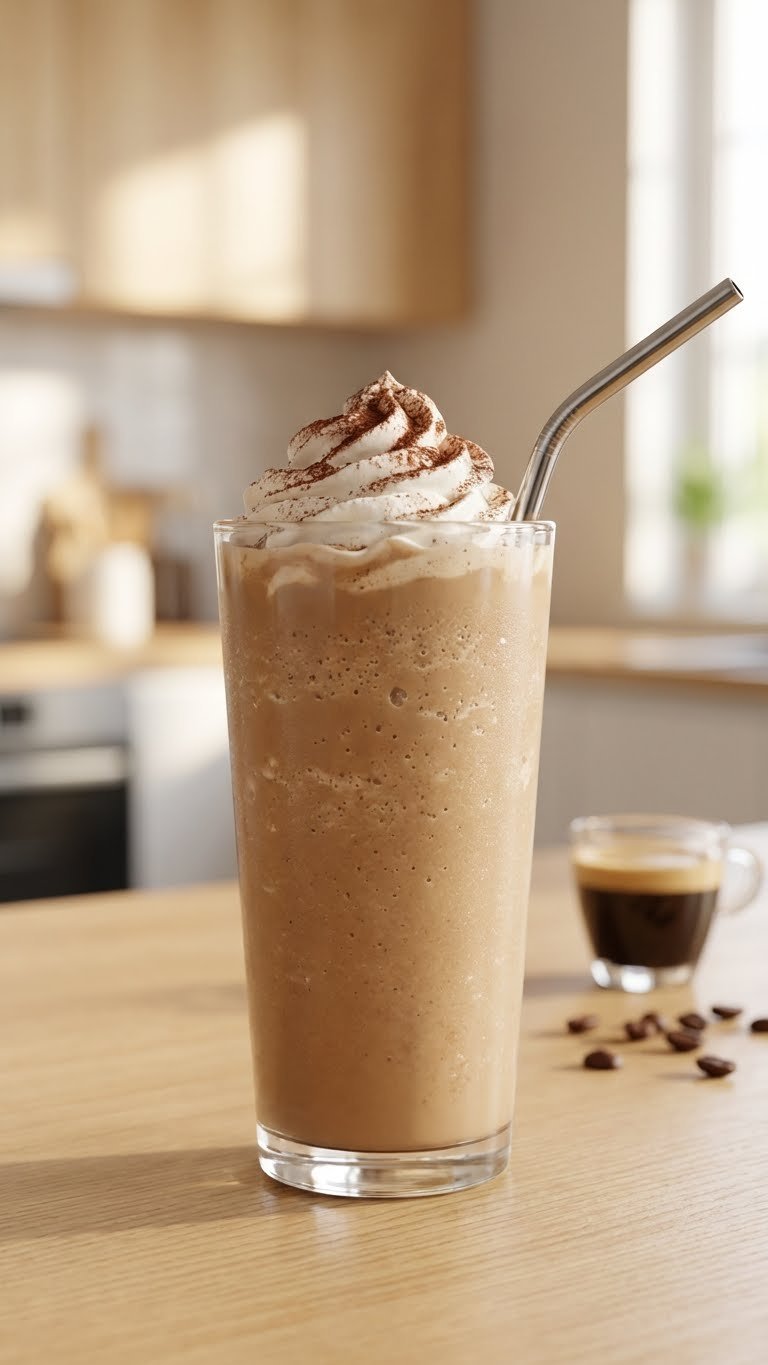 Complete High Protein Coffee Recipes For Busy Mornings 5 Creamy blended protein frappuccino in a tall glass with ice crystals and whipped cream, on light wood, blurred modern kitchen.