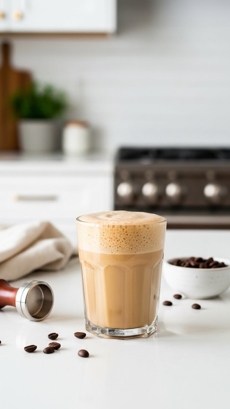 Creamy bulletproof blended coffee in clear glass with thick light brown texture and rich foamy layer