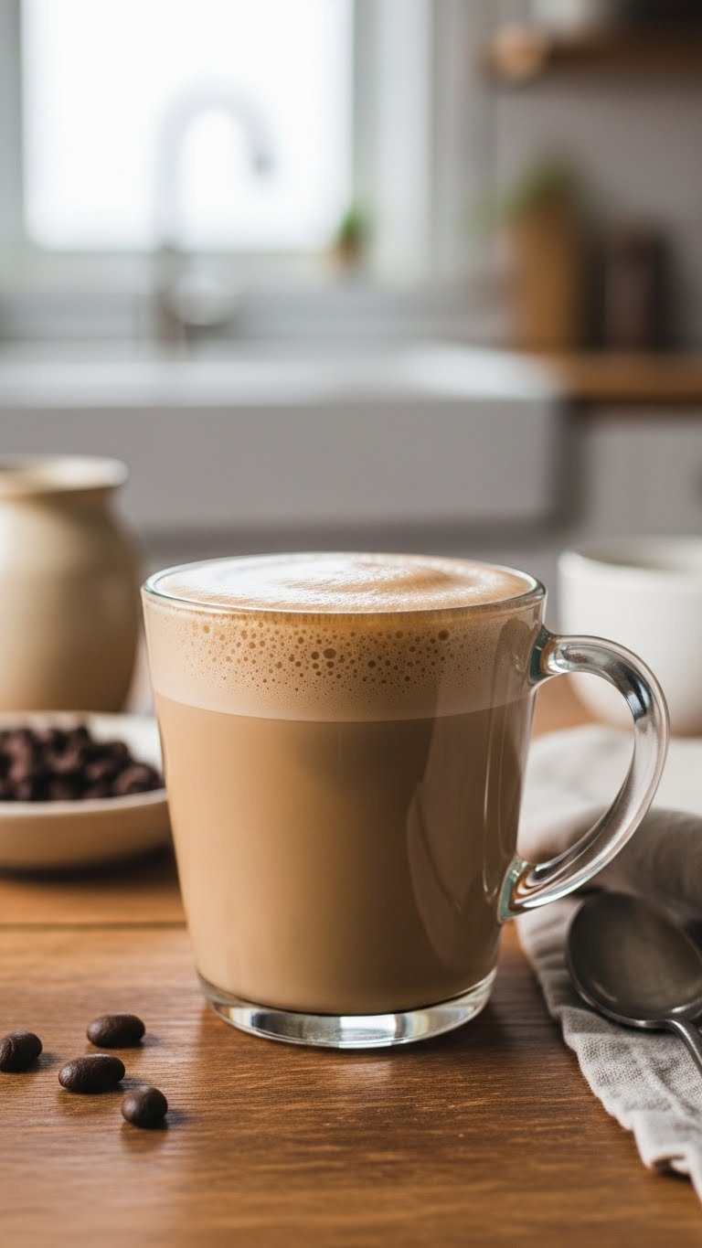 Creamy bulletproof keto coffee in transparent glass mug with frothy top layer on rustic wooden table with coffee beans and linen napkin.