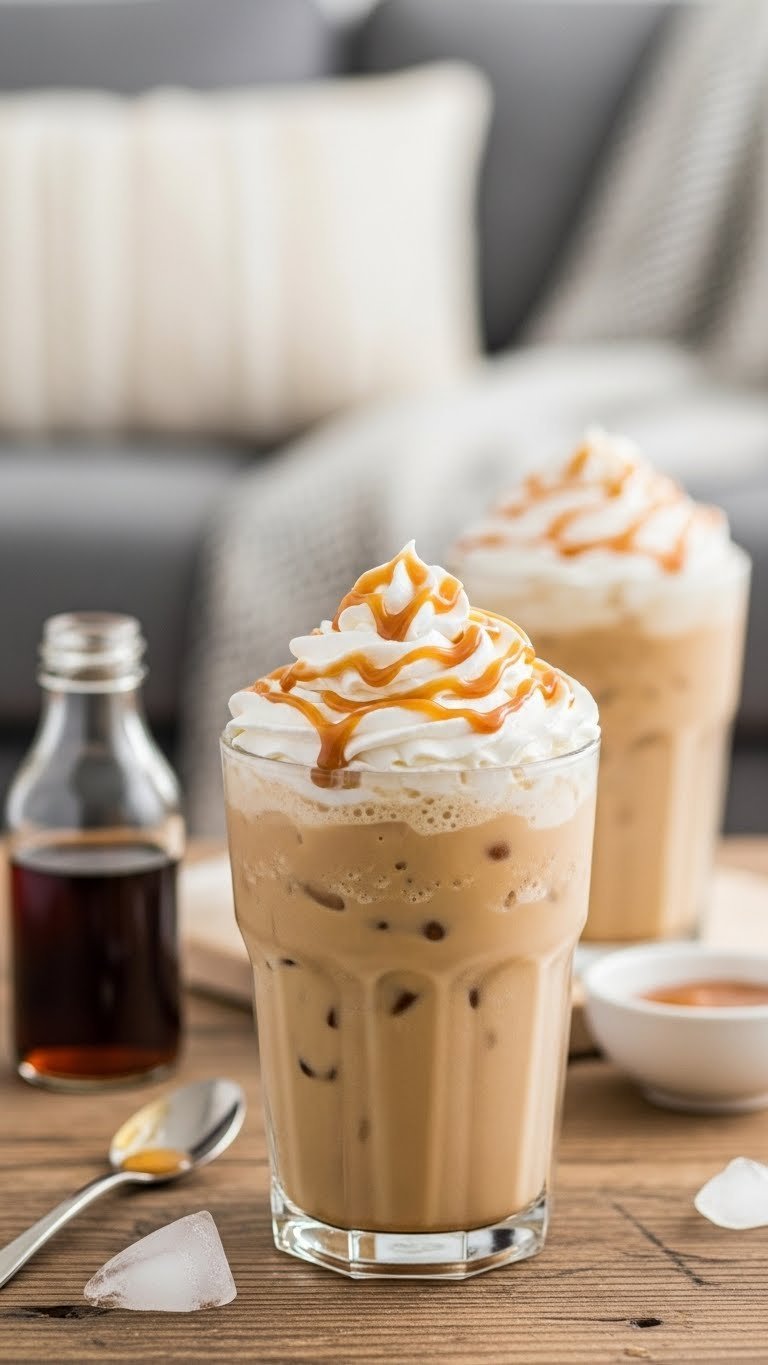 Creamy caramel iced coffee with whipped cream and drizzle in glass on rustic table with cozy setting