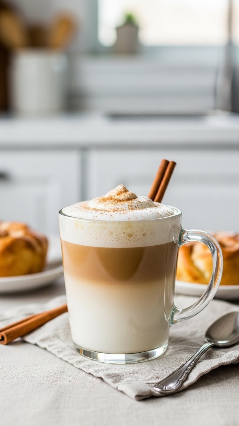 Deliciously Creamy Protein Coffee With Protein Powder 7 Creamy cinnamon roll latte in a clear glass mug on a linen tablecloth