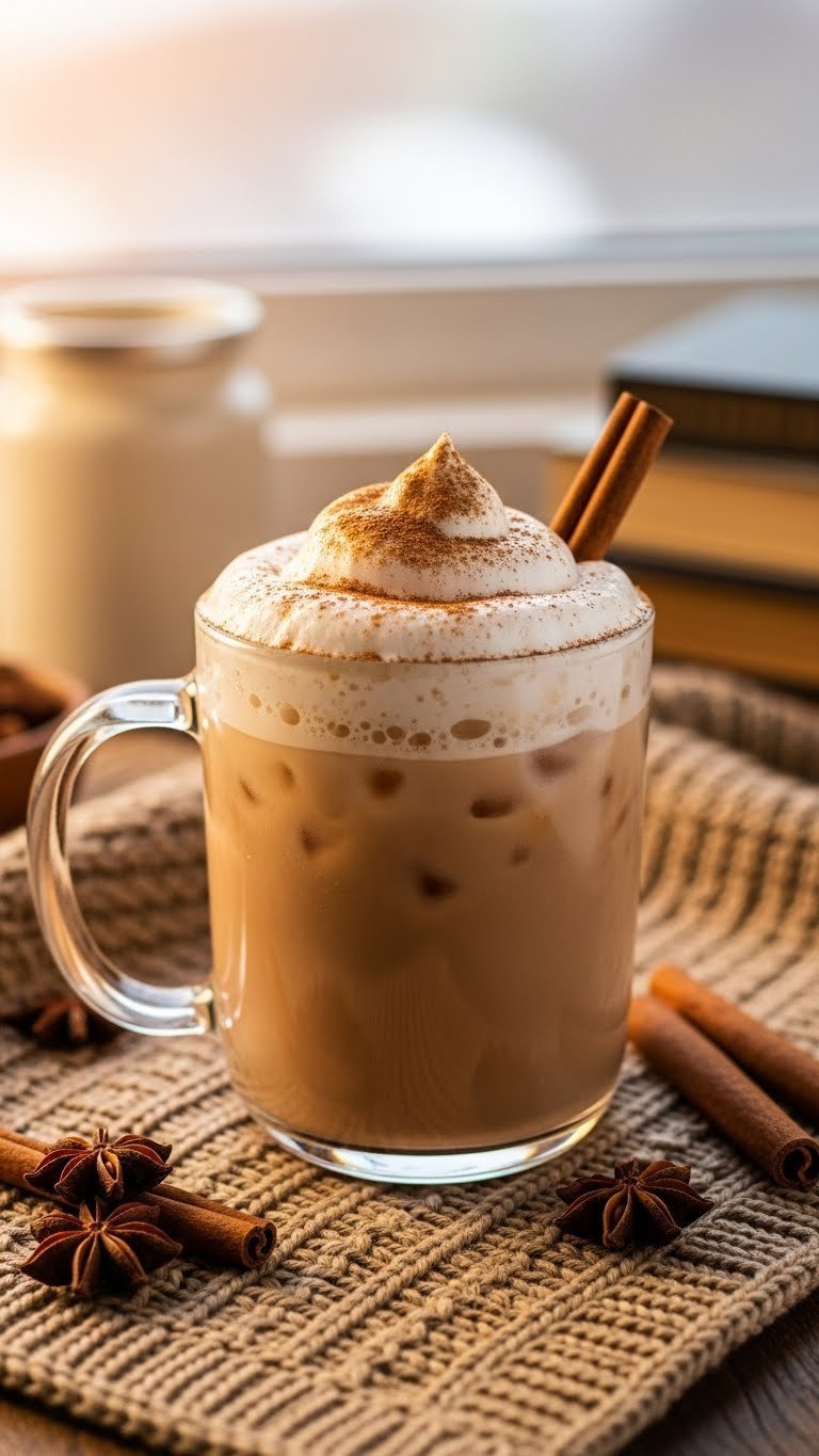 Protein Coffee Cold Foam: 7 Easy Homemade Recipes 9 Creamy cinnamon roll protein cold foam coffee with cinnamon dust in mug on knitted blanket, cinnamon sticks, golden light.