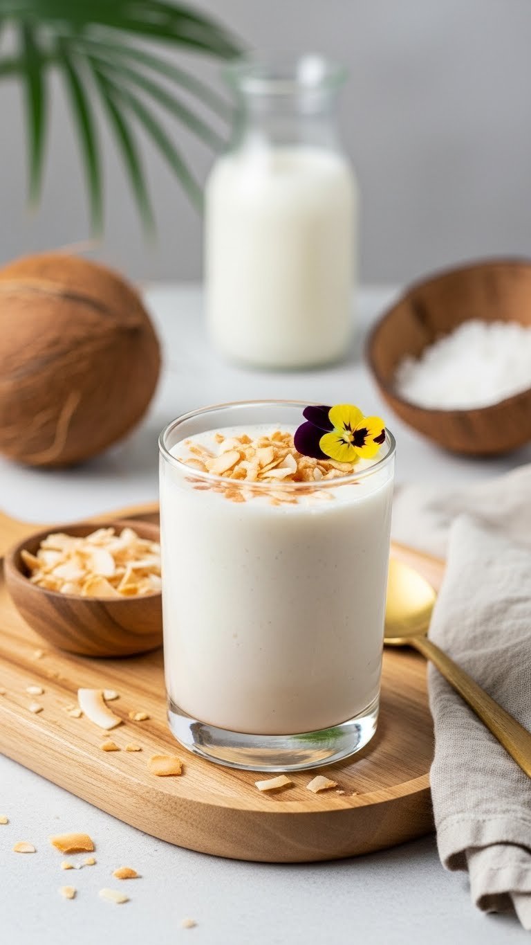 Creamy coconut cream keto coffee protein shake with toasted coconut flakes and edible flower