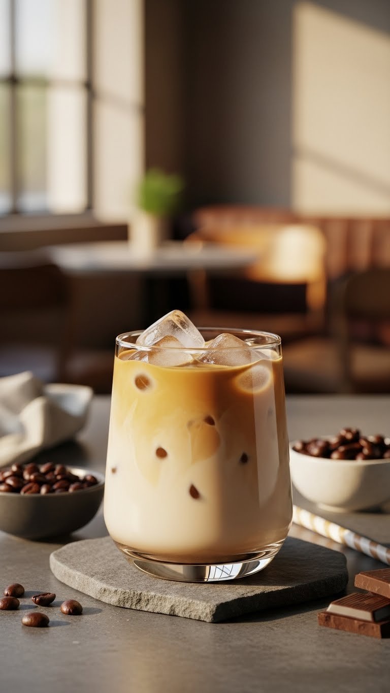 Creamy cold brew oat milk latte in sleek tumbler with dark coffee base and spherical ice balls
