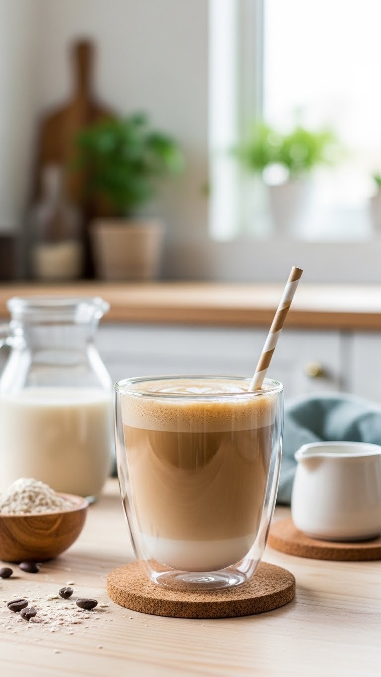 Protein Coffee Caramel: 5 Delicious DIY Recipes to Try 9 Creamy dairy-free caramel protein coffee in a clear glass on a light wooden table with plant-based ingredients.