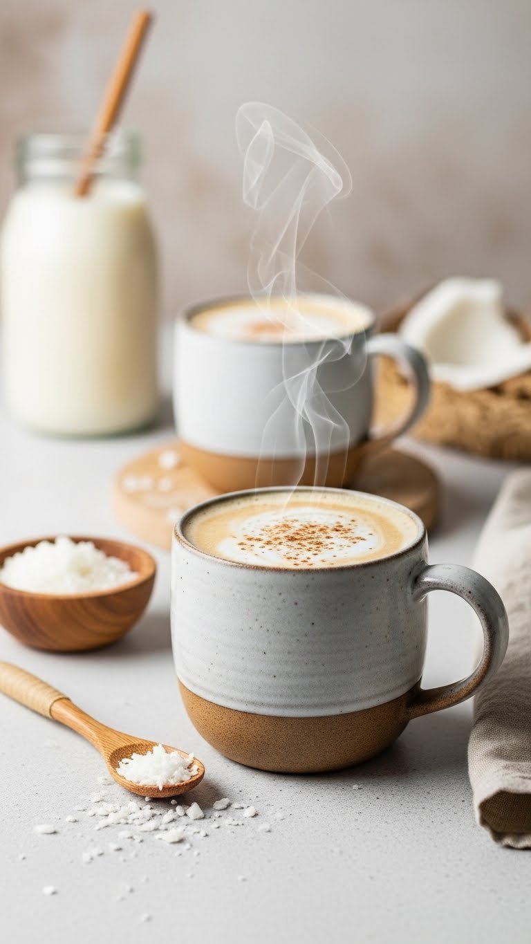 Creamy dairy-free coconut keto coffee in rustic ceramic mug with coconut flakes nearby