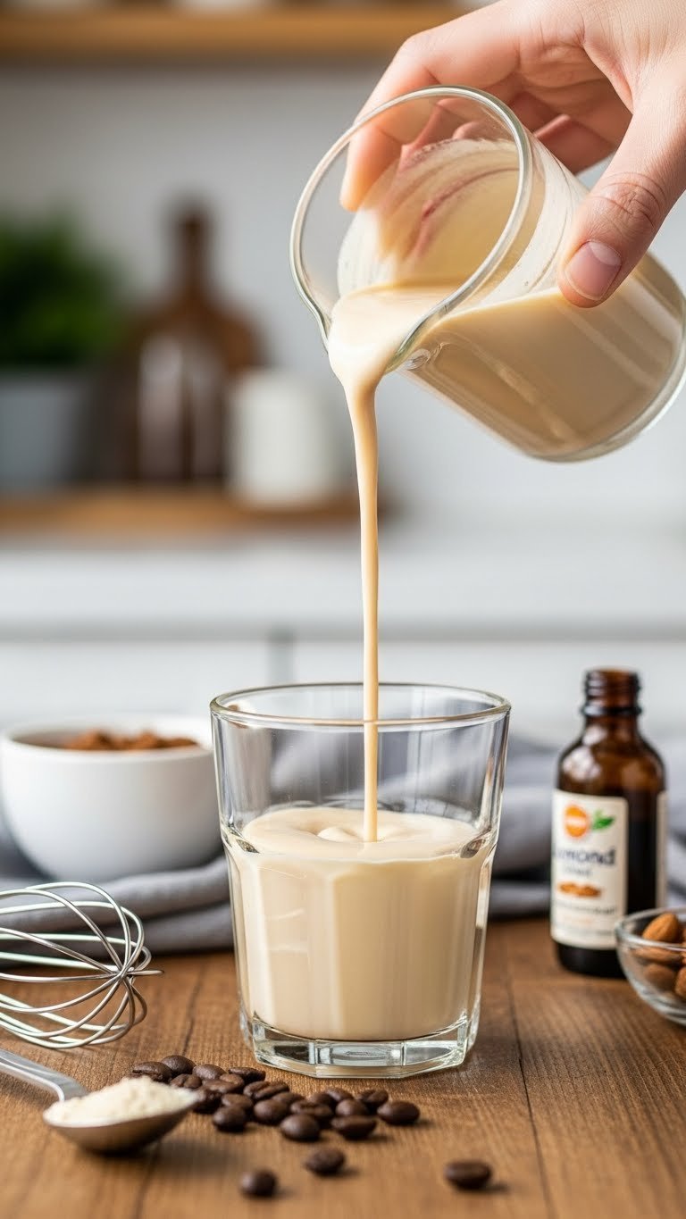 Creamy dairy-free keto Italian sweet cream coffee creamer being poured into glass with coffee beans scattered around base