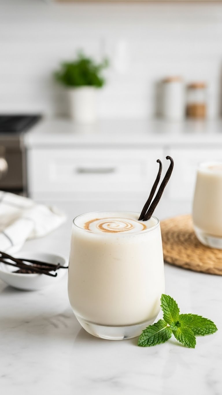 Creamy dairy-free vanilla bean keto coffee protein shake in frosted glass with vanilla pod