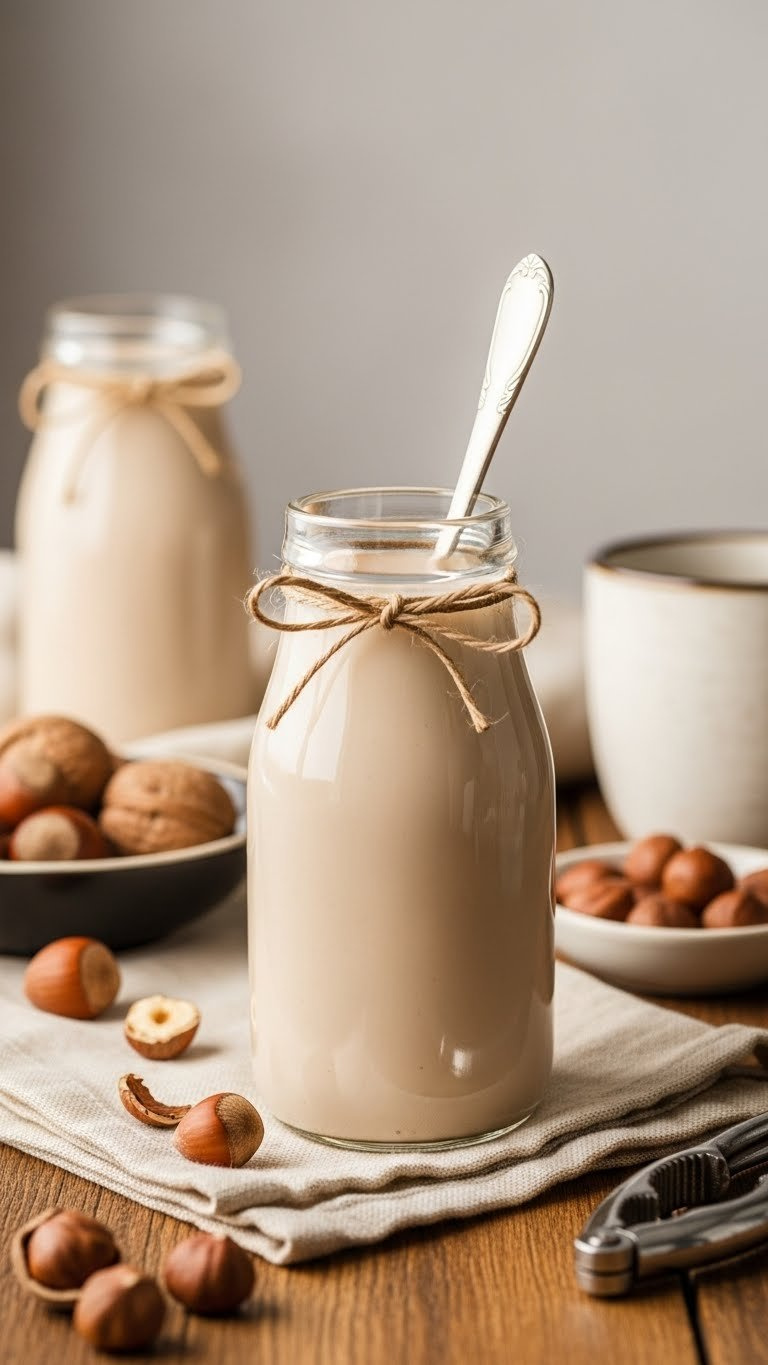 Creamy hazelnut keto coffee creamer in rustic glass bottle with twine bow and whole hazelnuts
