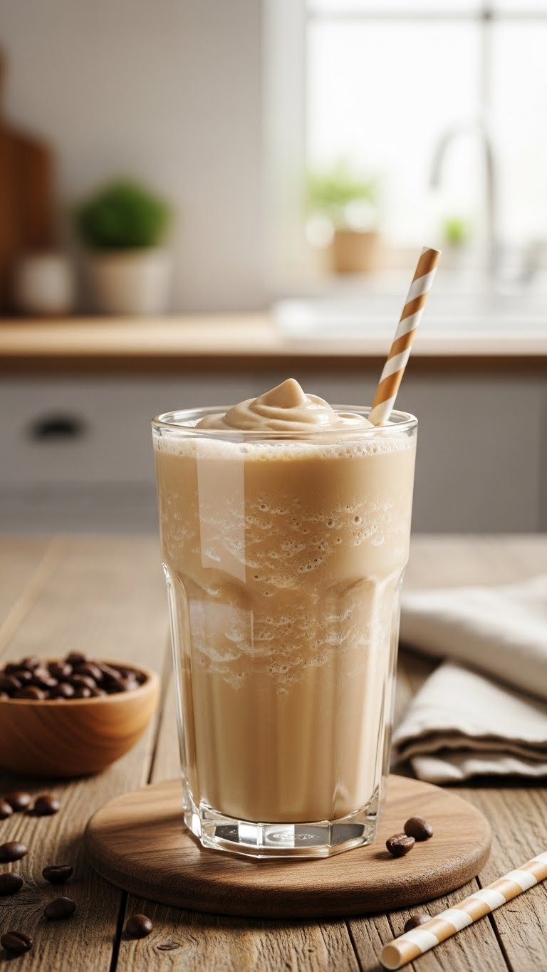 Creamy iced coffee in tall glass with froth swirls on rustic wooden table surrounded by coffee beans and linen napkin.