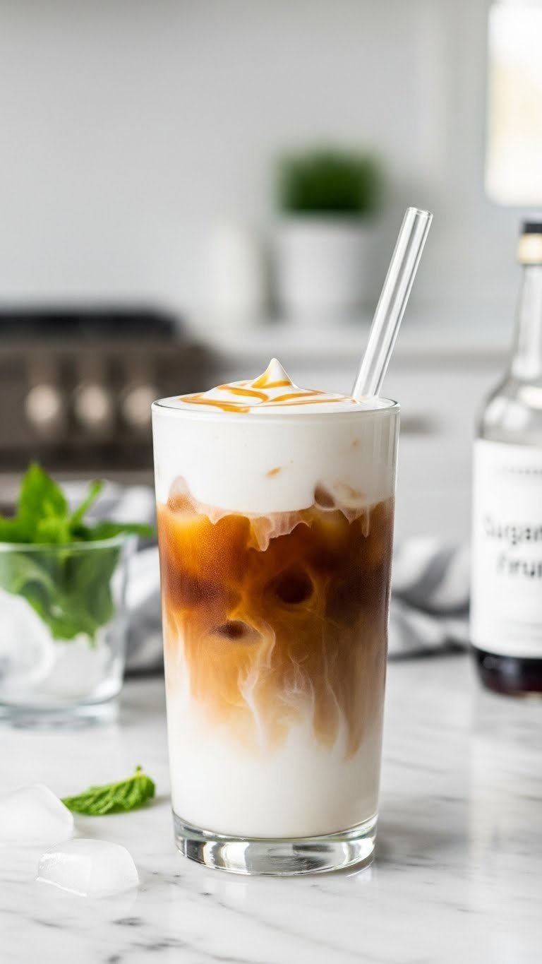 Creamy iced keto latte in tall clear glass with cold brew layers, velvety creamer, and sugar-free caramel swirl on marble countertop.