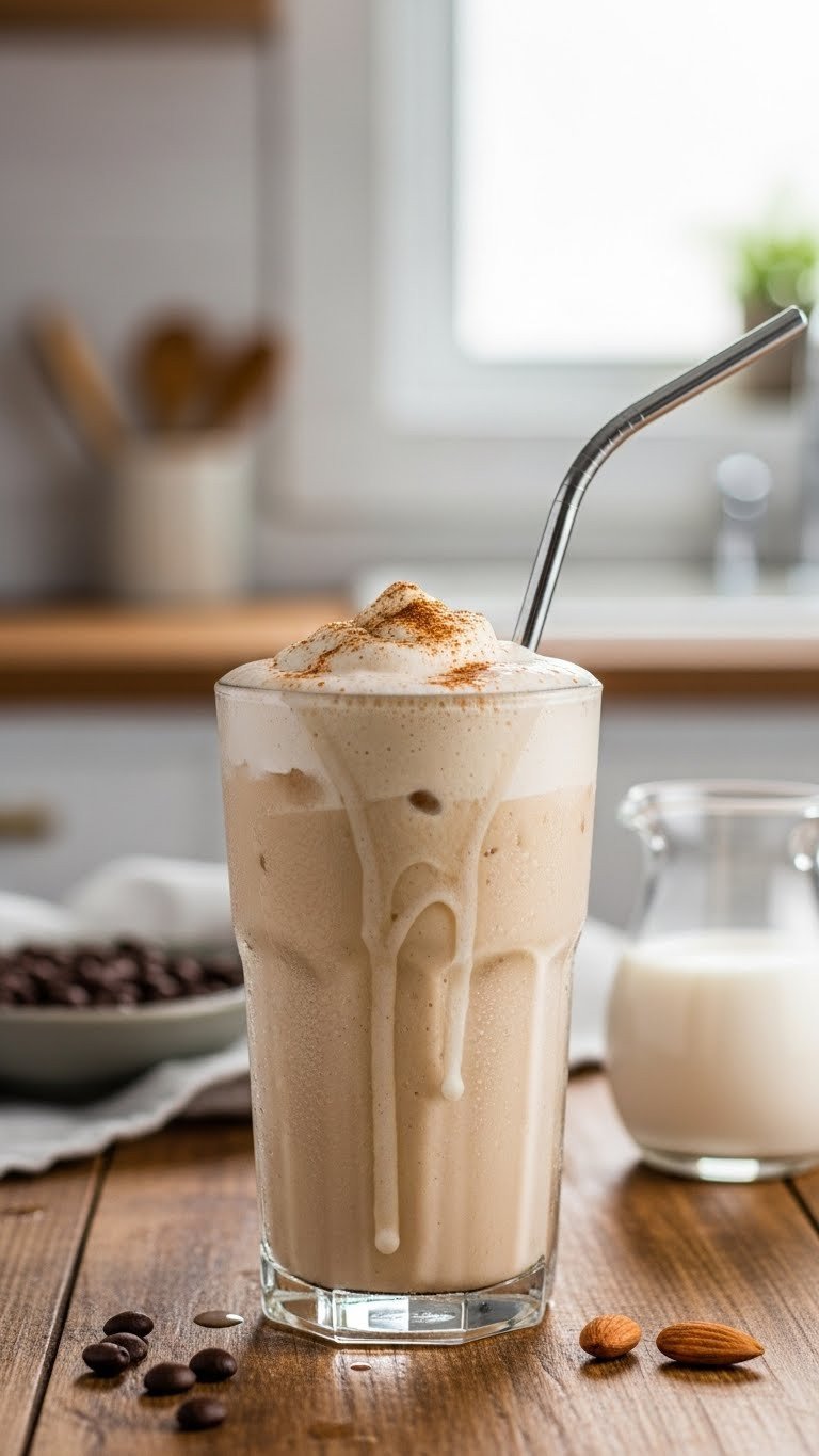 Creamy iced protein coffee in a tall glass with condensation and almond milk on a rustic table