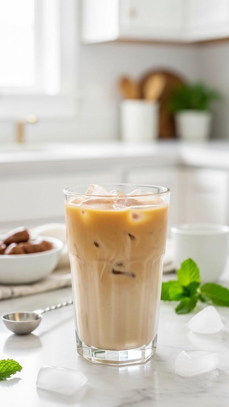 Creamy iced vanilla protein coffee with geometric ice in a clear glass on marble, bright kitchen, mint garnish.
