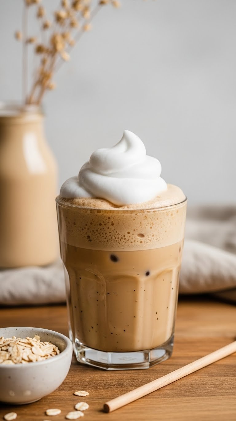 Creamy iced vegan protein coffee with fluffy oat milk foam in speckled glass on wood, oats and stir stick.