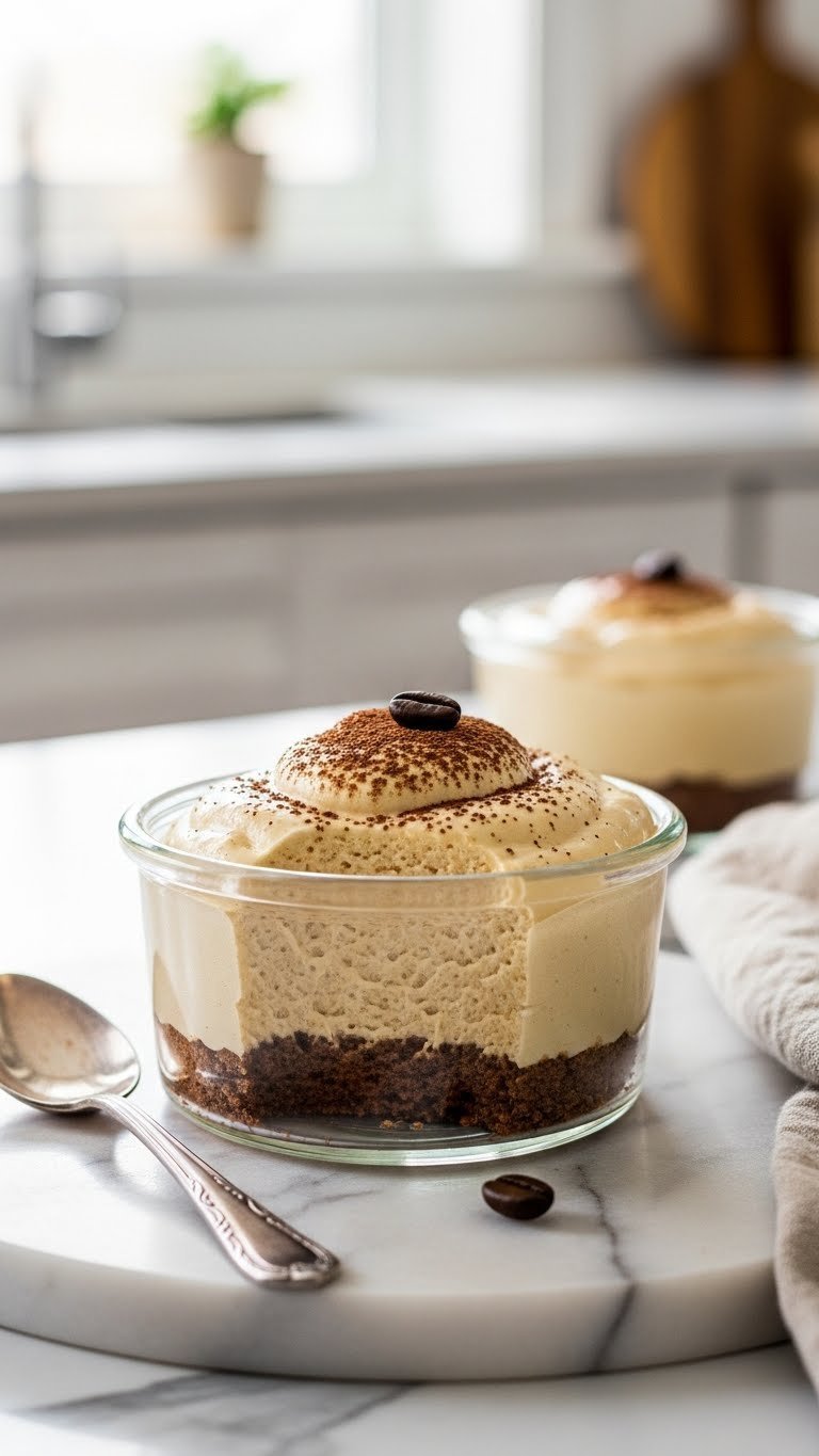 Creamy keto coffee mousse topped with cocoa powder and coffee bean in glass ramekin on marble countertop with silver spoon