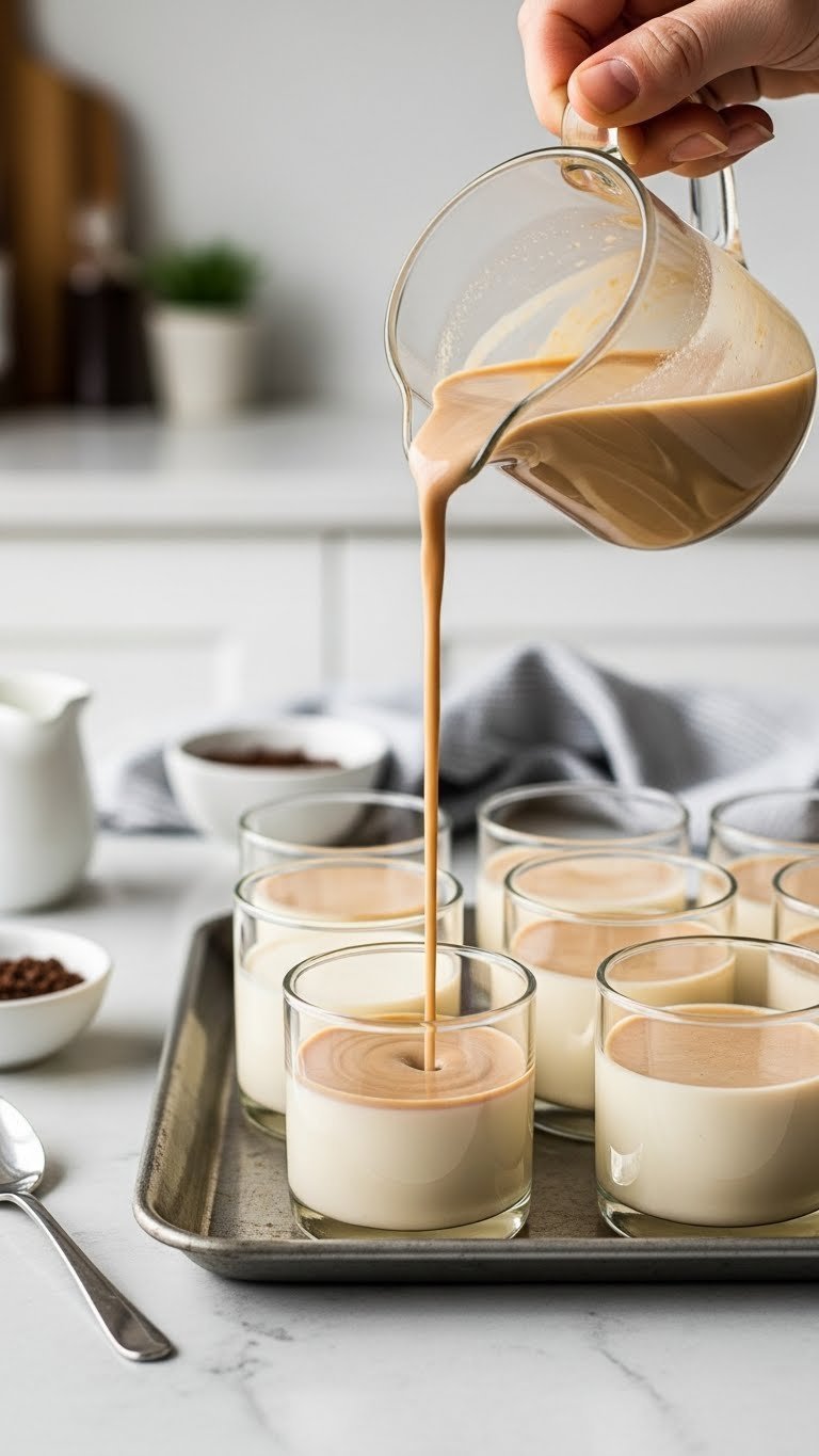Creamy keto coffee panna cotta mixture being poured into individual glass ramekins on light marble surface