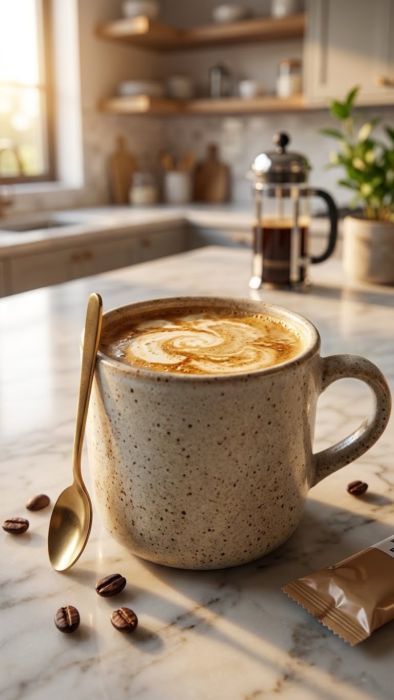 Protein Coffee: 7 Easy Recipes for Energy & Muscle 9 Creamy keto-friendly protein coffee in a stylish mug with fat blooming, coffee beans, and a keto snack bar on a marble countertop.