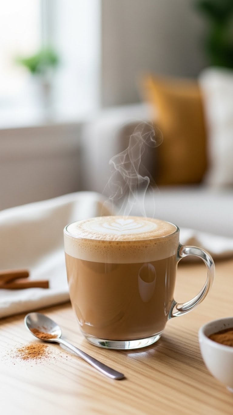 Creamy keto hot latte alternative in ceramic mug with frothy foam on light wooden table with cinnamon sprinkle.