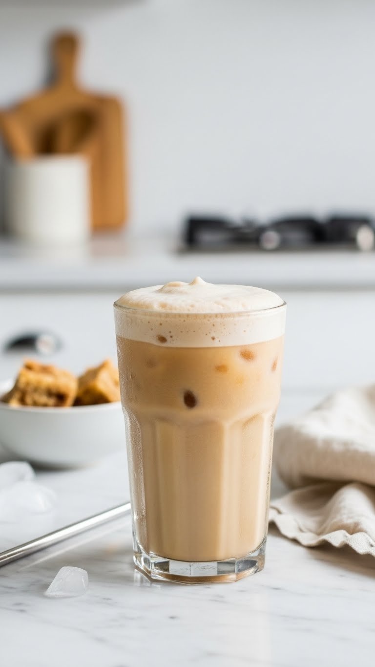 Creamy keto iced blondie coffee in tall glass with frothy topping on marble countertop and metal straw.