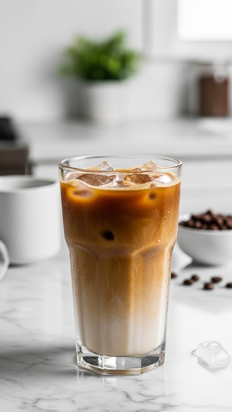 Creamy keto iced coffee in clear glass with heavy cream swirl and ice cubes on marble countertop in natural light