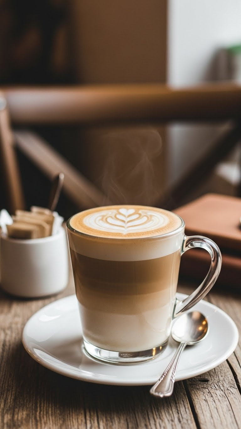 Creamy keto latte with steamed heavy cream and espresso in clear glass mug showing latte art swirl on rustic wooden table