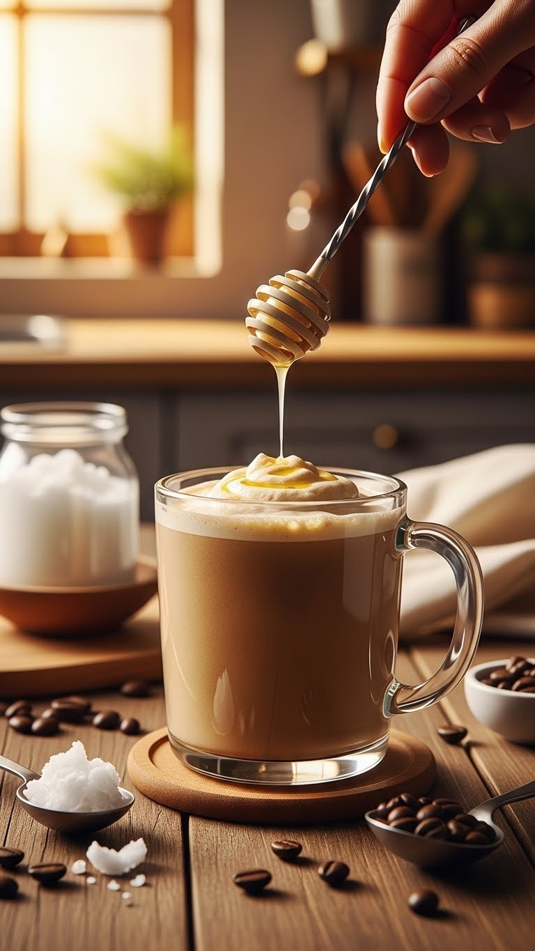 Protein Coffee Blended: Essential Guide for Smooth Energy 5 Creamy keto protein coffee blend with foam in a rustic mug on wood, coconut oil, coffee beans, warm kitchen glow.