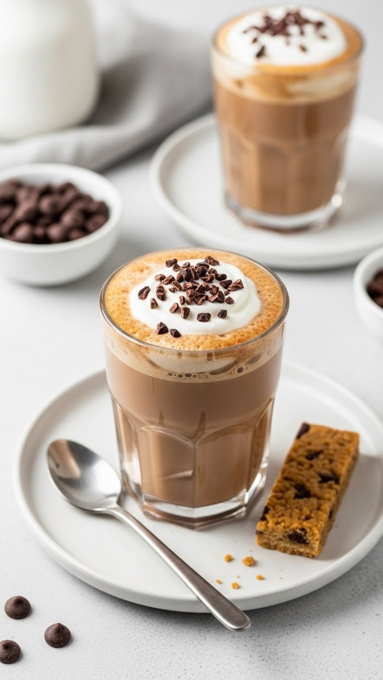Protein Coffee Mocha: 5 Delicious Recipes for Busy Mornings 7 Creamy keto protein coffee mocha with sugar-free whipped cream and cocoa nibs, displayed with keto snacks on a white plate.