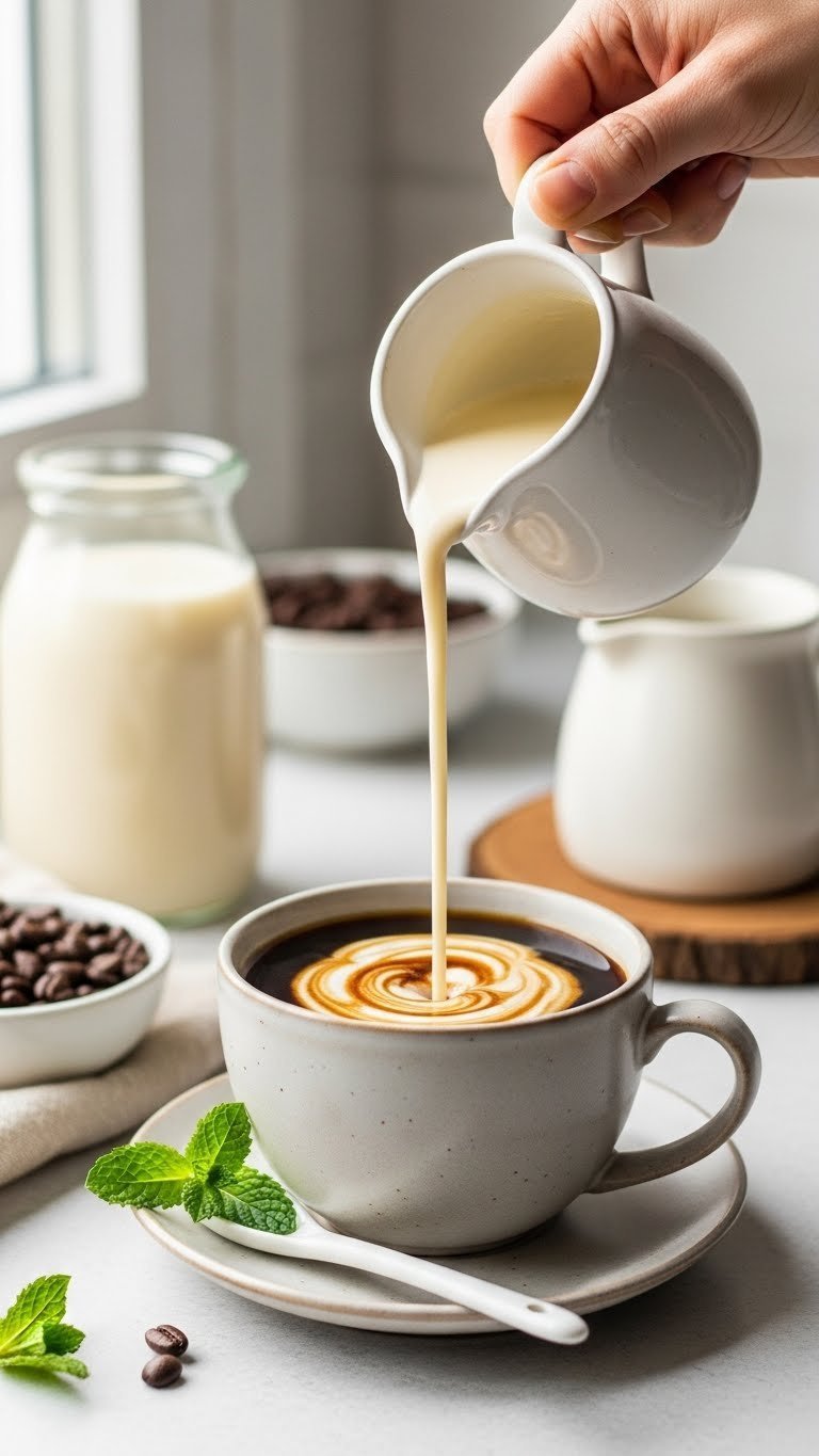 Creamy keto white chocolate coffee creamer being poured from elegant pitcher into steaming black coffee with soft bokeh background.