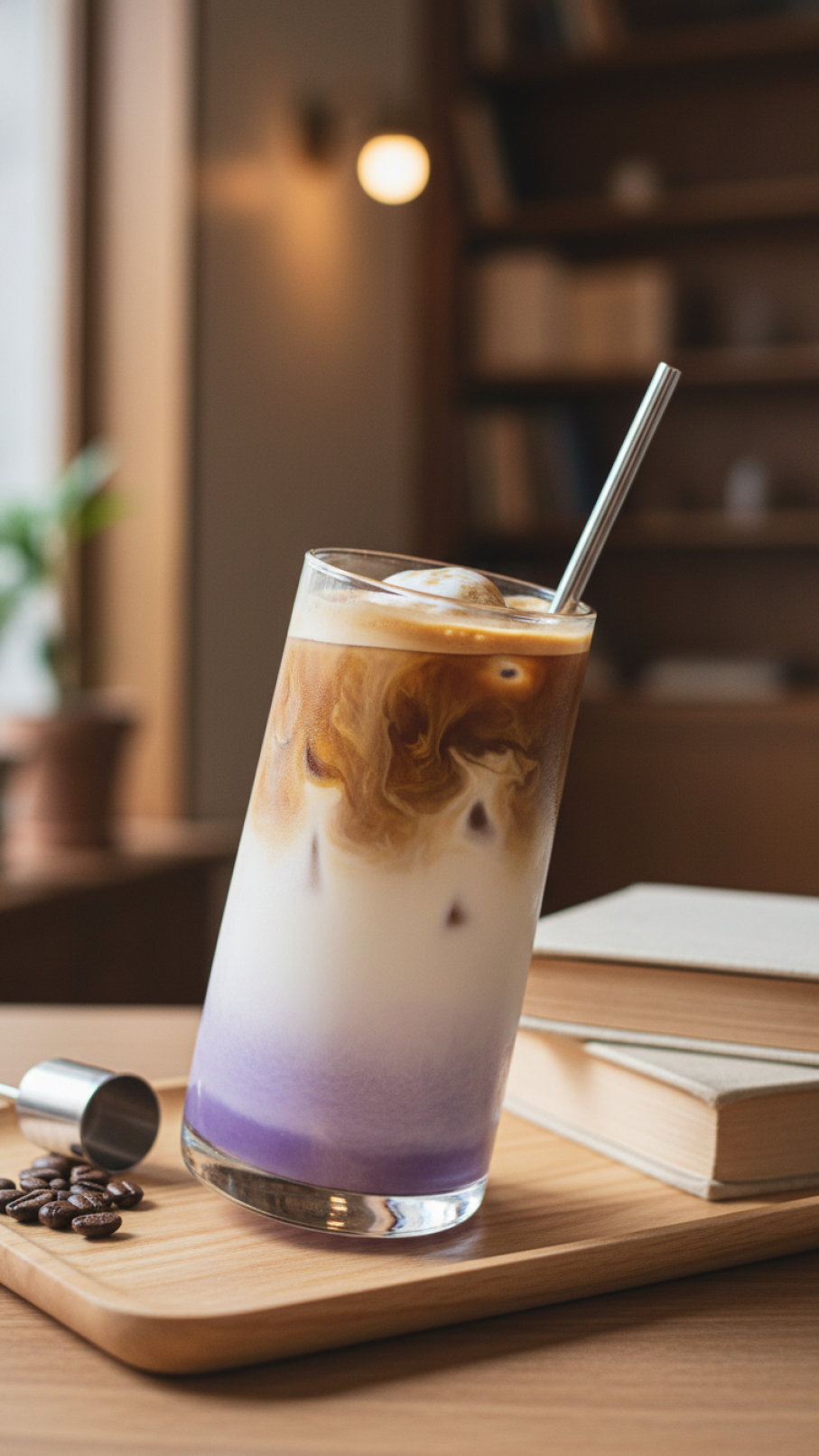 Creamy lavender iced latte with layered presentation in clear glass on wooden tray with soft natural light