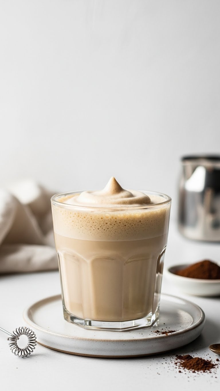 Creamy oat milk proffee in a glass tumbler, velvety beige texture, with frother and coffee powder on ceramic surface.