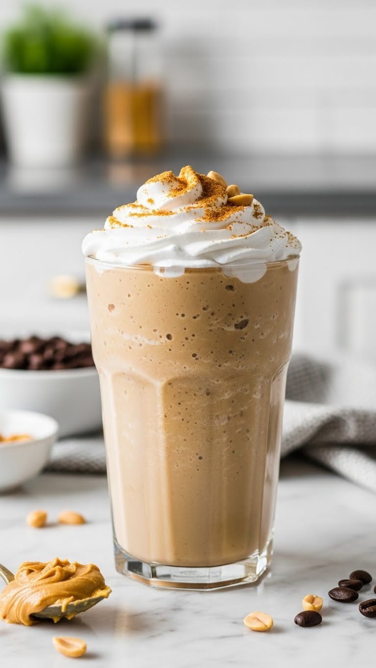 7 Best Orgain Protein Coffee Recipes To Boost Your Day 2 Creamy peanut butter blended coffee in a glass on a marble countertop