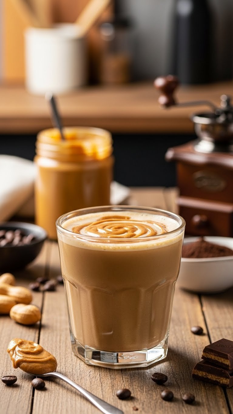 Creamy peanut butter protein coffee in a clear glass with a peanut butter swirl on a rustic wooden table.