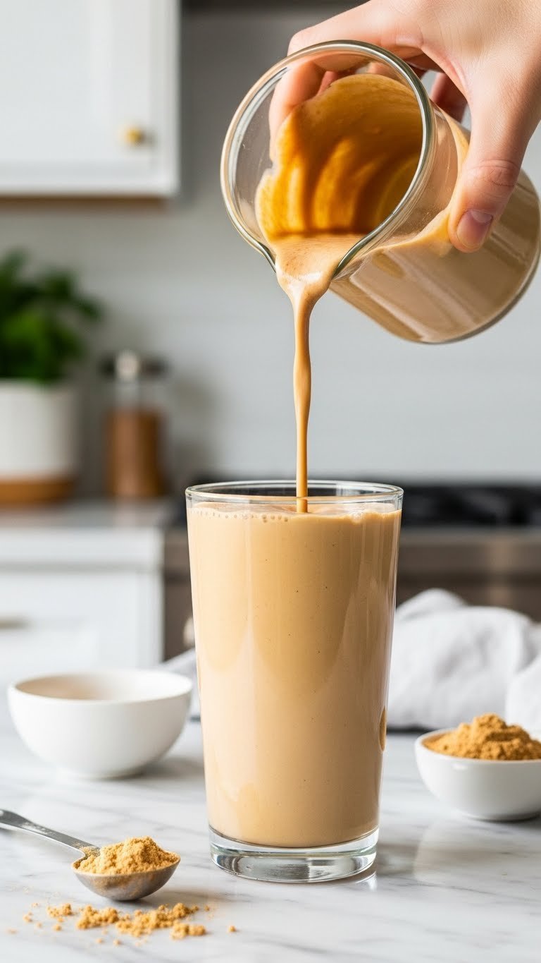 Peanut Butter Protein Coffee: Your Easy 5-Minute Recipe 1 Creamy peanut butter protein coffee pouring into a tall glass on a marble counter, with a silver spoon and protein powder, evoking a fresh, clean lifestyle vibe.