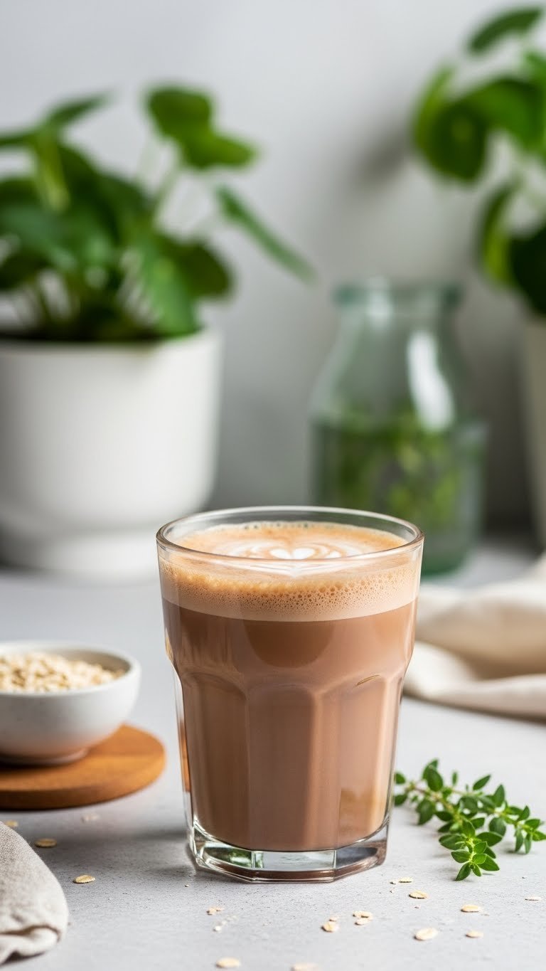Creamy plant-based chocolate protein coffee in a glass with frothy top, oats, and green plant on a light stone surface.