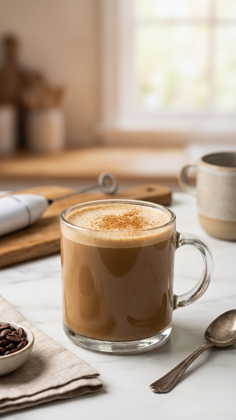 Make Protein Coffee At Home: Foolproof No-Clump Hot & Iced 5 Creamy protein coffee smoothie with foam and cinnamon in a clear glass, with a manual frother and coffee beans on a marble counter.
