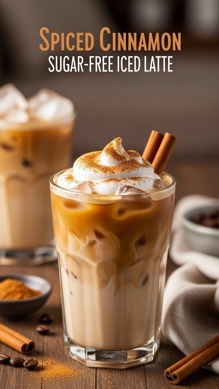 Creamy spiced cinnamon sugar-free iced latte with cinnamon garnish and rustic wooden table background.