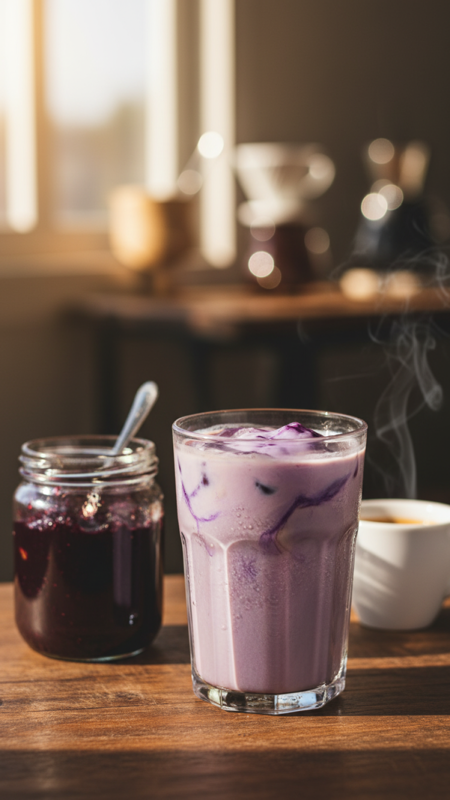 Creamy ube iced coffee with thick purple halaya texture poured into glass on rustic wooden table in cozy cafe atmosphere